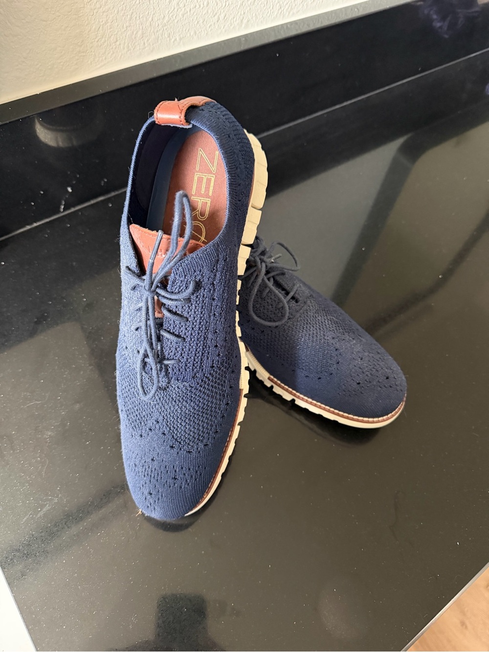 Cole Haan Navy Knit Lace-Up Oxfords with Tan Accents